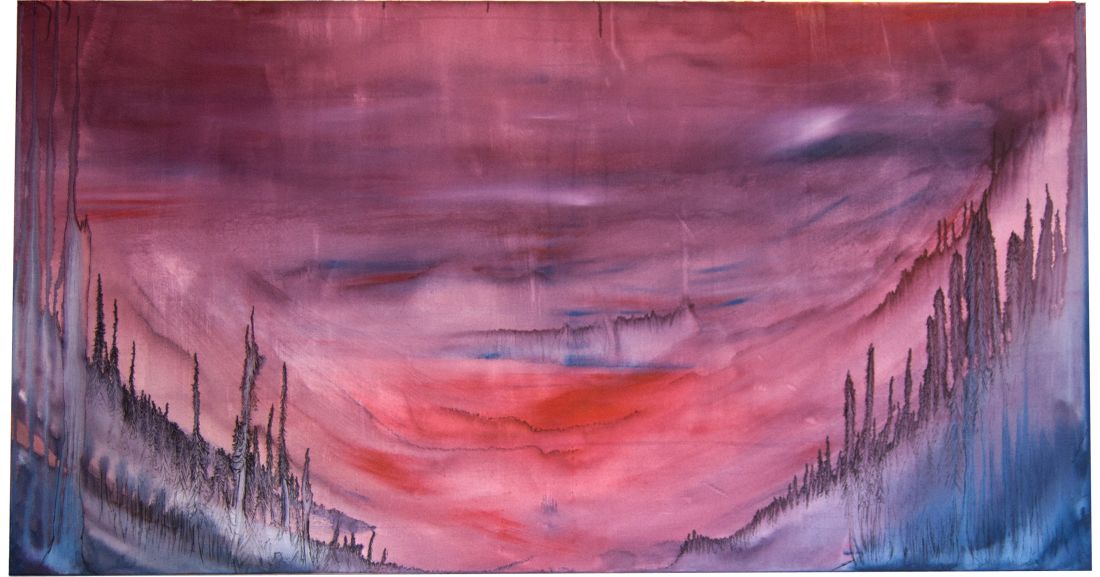 Abstrakte Landschaft in Rosa-, Rot- und Blautönen mit angedeuteten Nadelbäumen