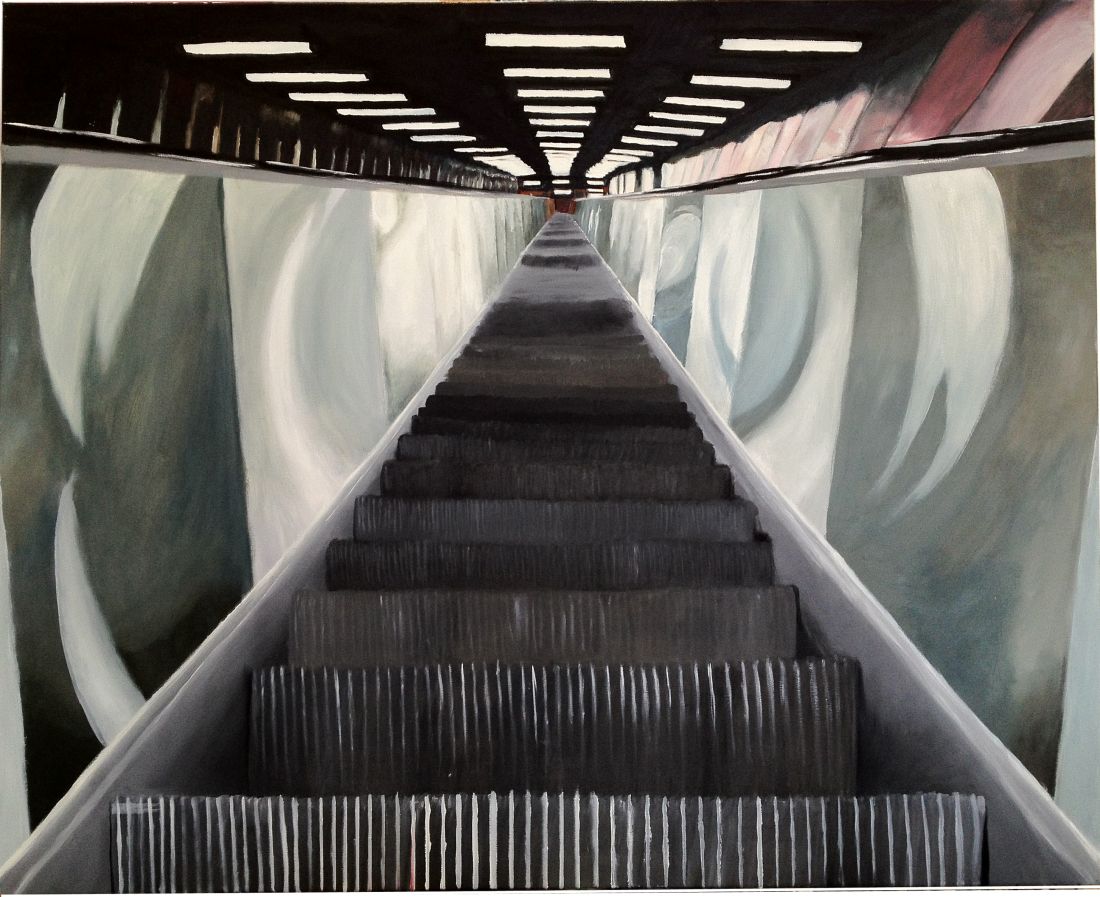 Gemälde einer steilen Rolltreppe in Untersicht mit Lichtdecke